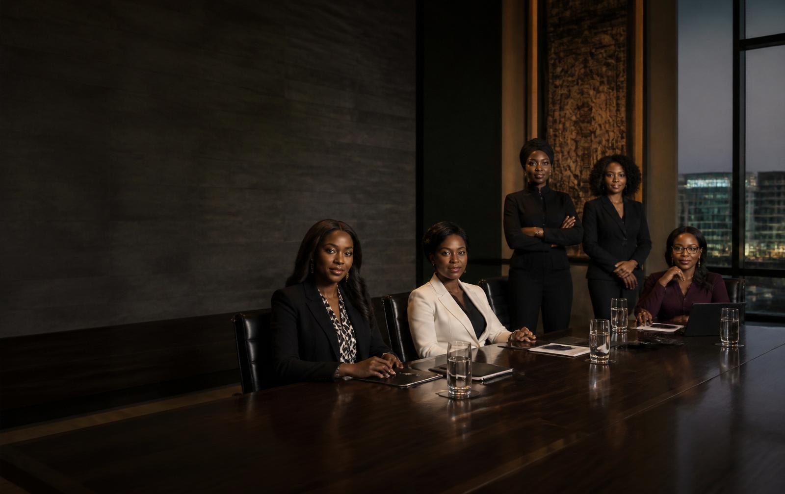 Mulheres reunidas em mesa de conselho